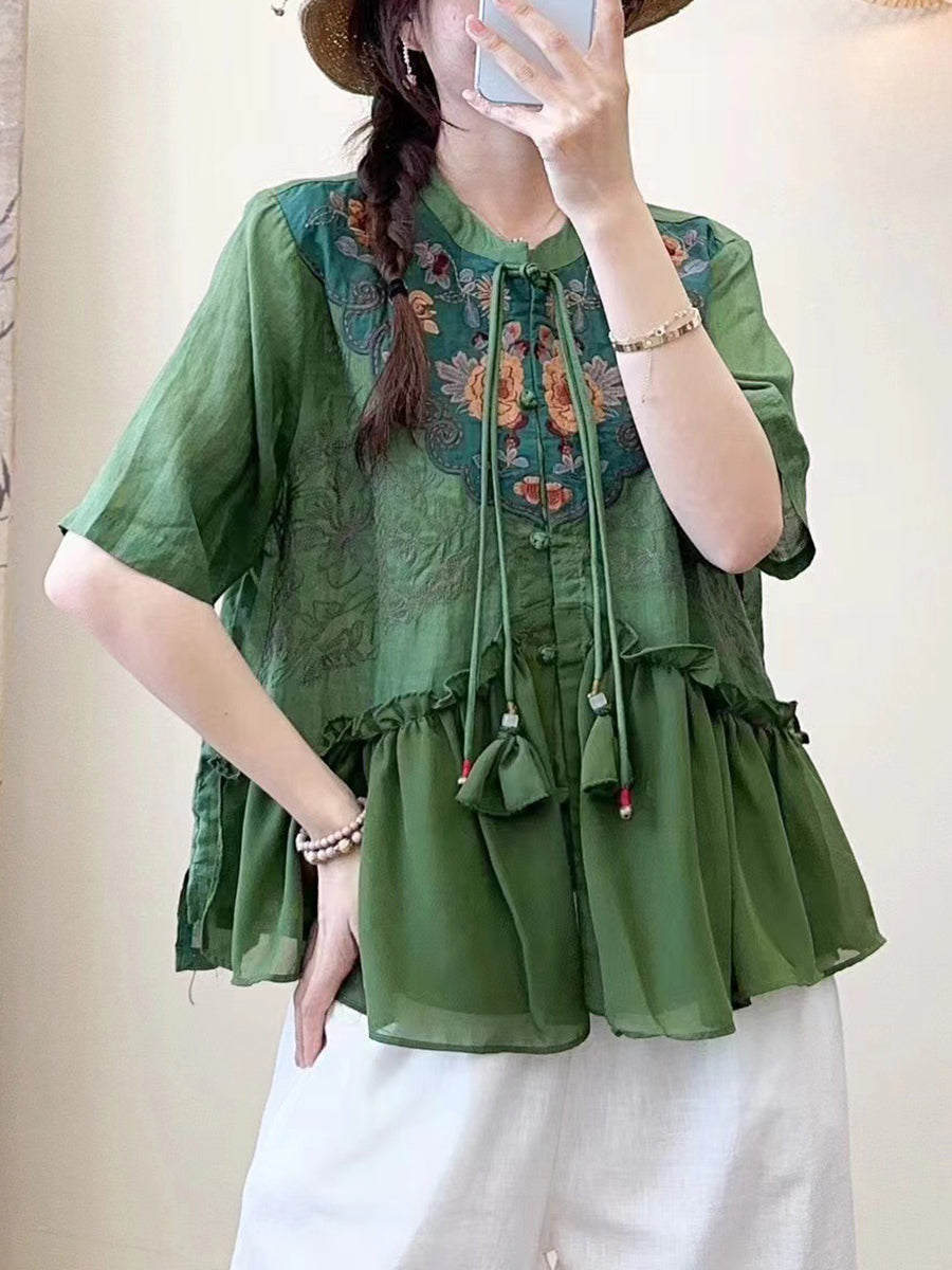 Women Summer Ethnic Embroidery Jacquard Shirt QW1012 Ada Fashion