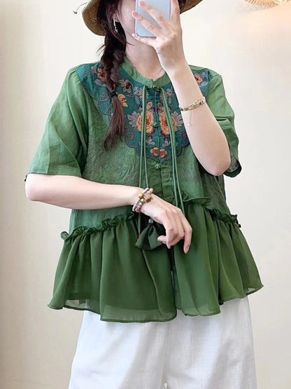 Women Summer Ethnic Embroidery Jacquard Shirt QW1012 Ada Fashion