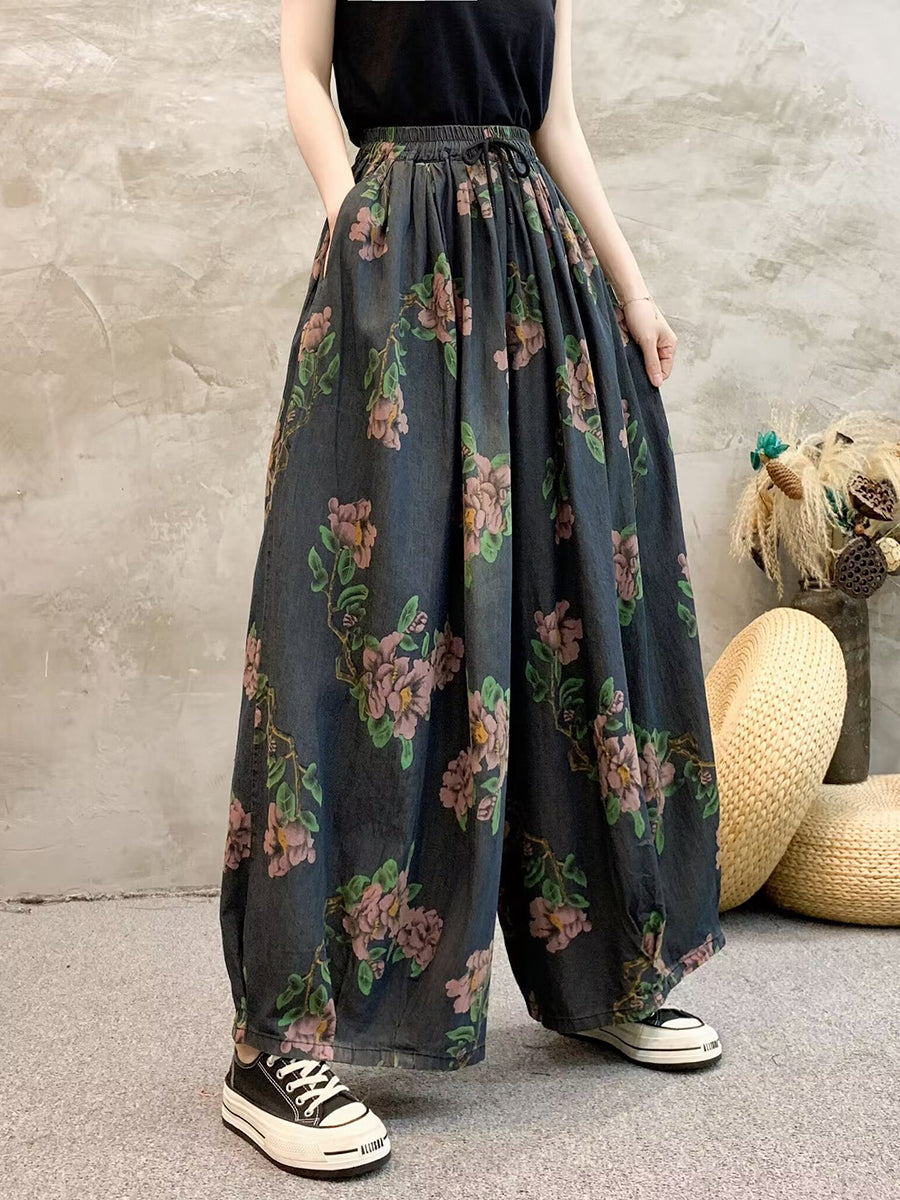 Women Summer Casual Flower Denim Wide-leg Pants QW1013 Ada Fashion