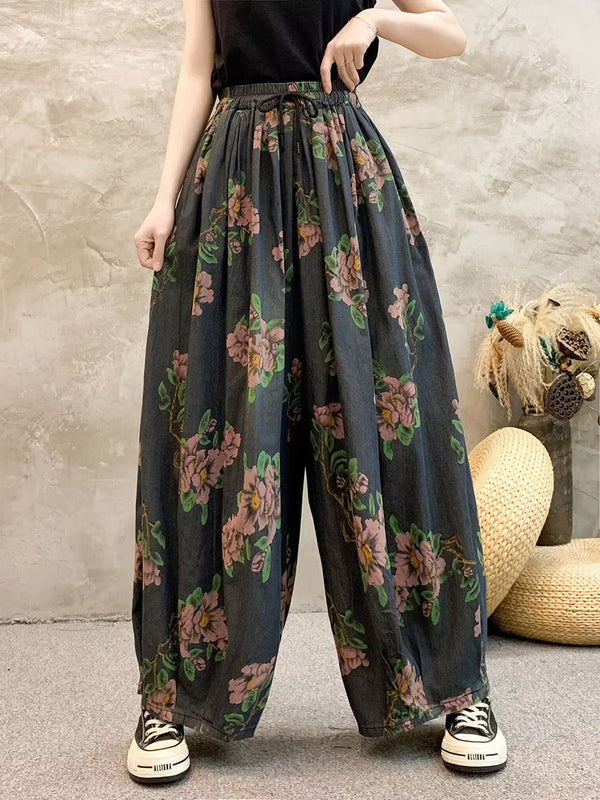 Women Summer Casual Flower Denim Wide-leg Pants QW1013 Ada Fashion