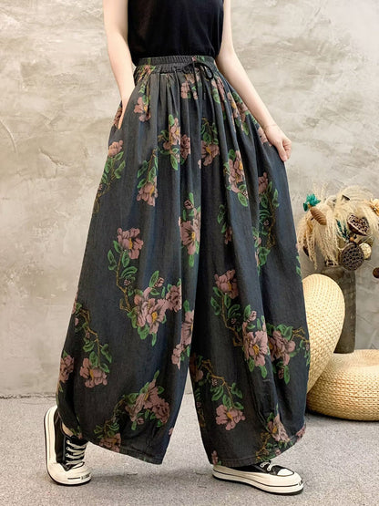 Women Summer Casual Flower Denim Wide-leg Pants QW1013 Ada Fashion