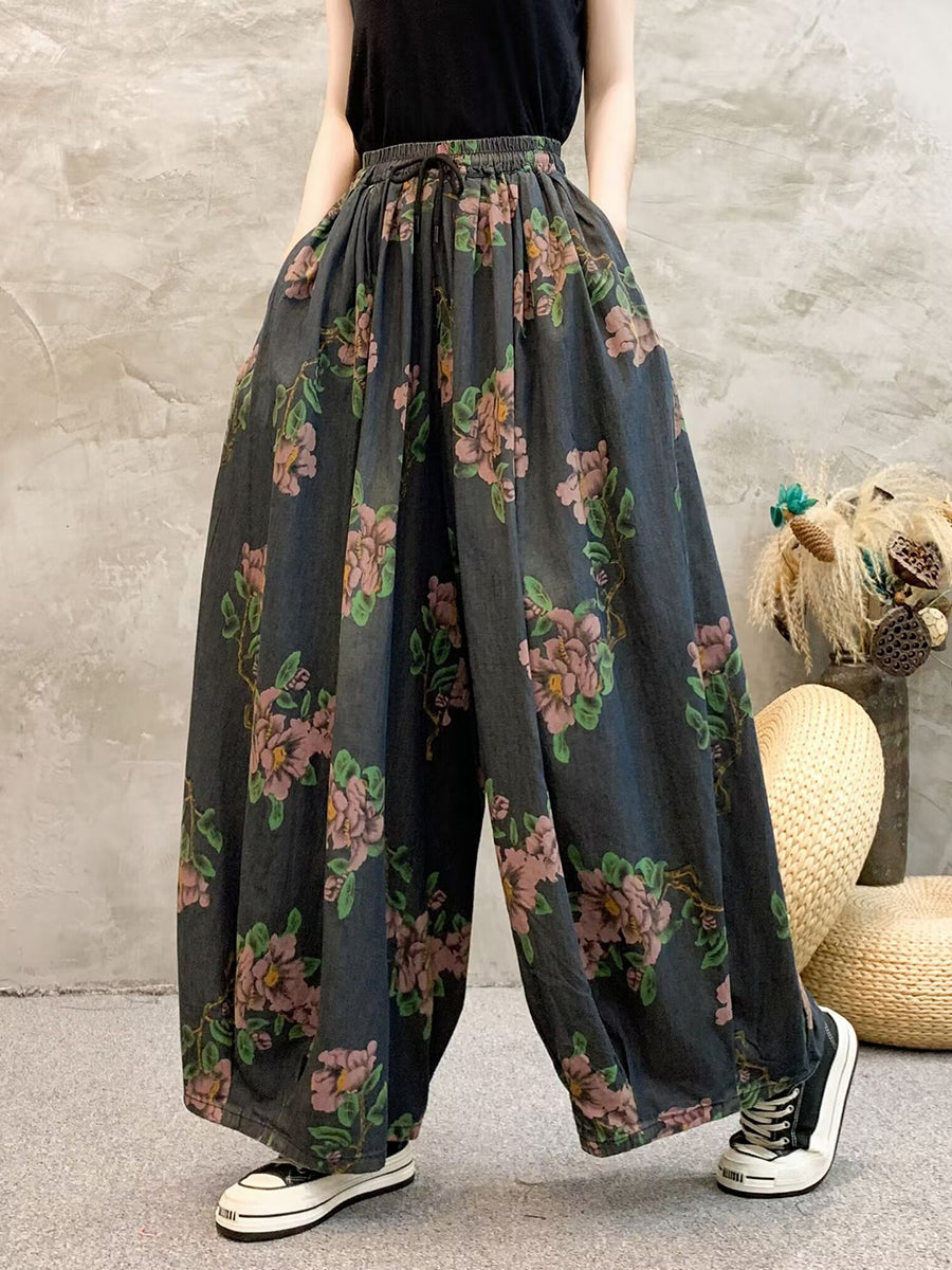 Women Summer Casual Flower Denim Wide-leg Pants QW1013 Ada Fashion