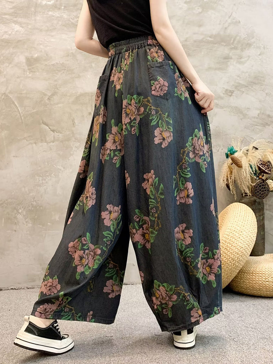 Women Summer Casual Flower Denim Wide-leg Pants QW1013 Ada Fashion