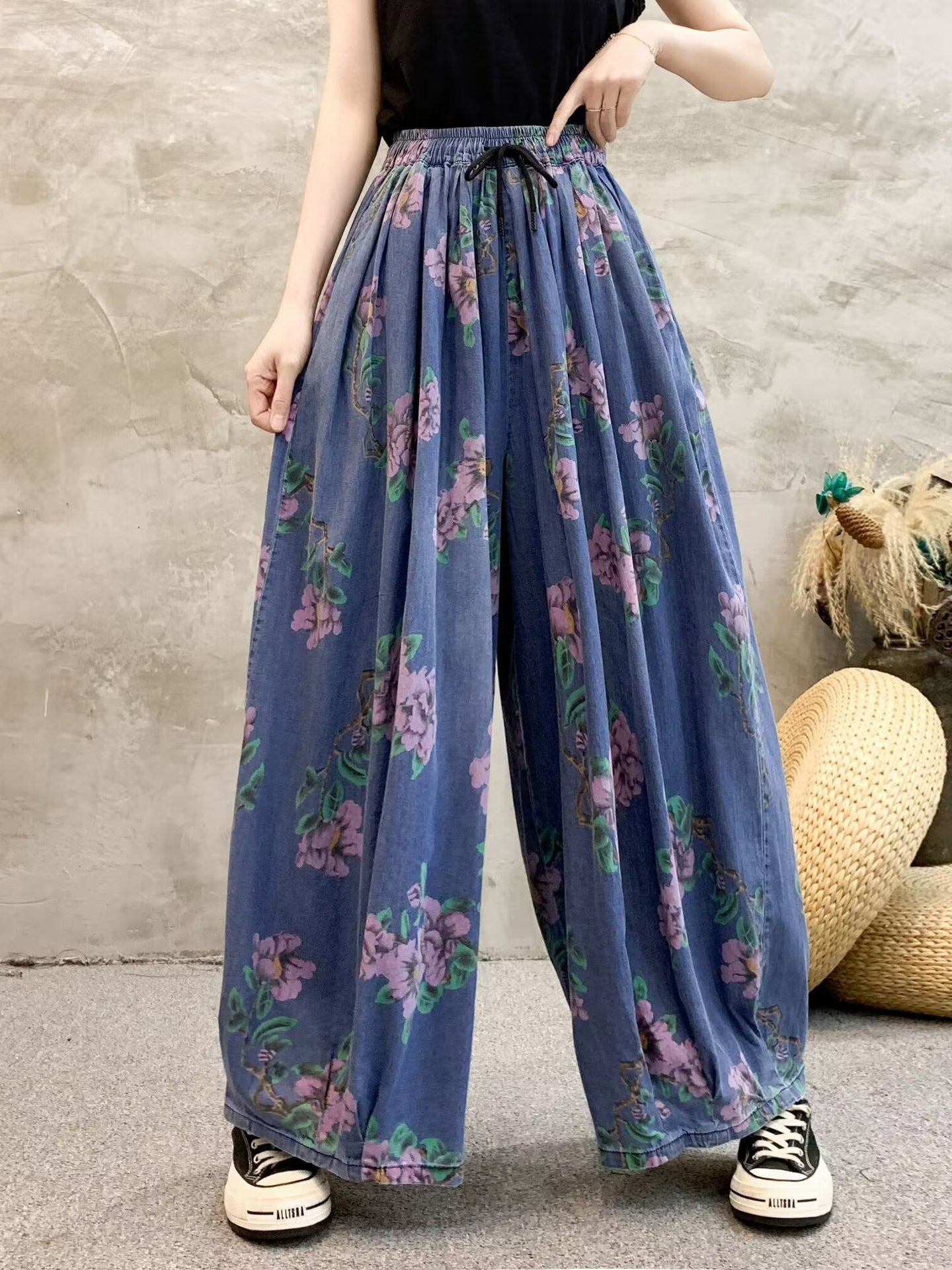 Women Summer Casual Flower Denim Wide-leg Pants QW1013 Ada Fashion