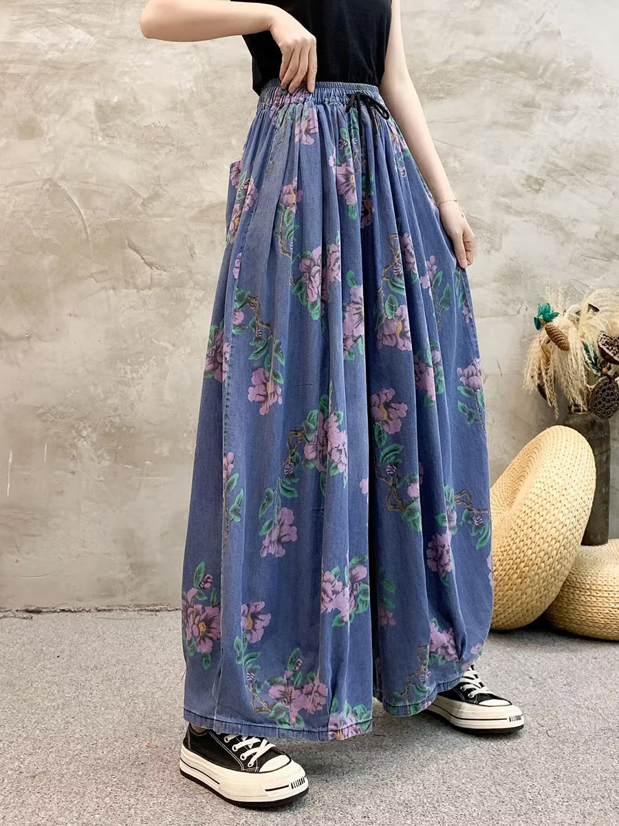 Women Summer Casual Flower Denim Wide-leg Pants QW1013 Ada Fashion