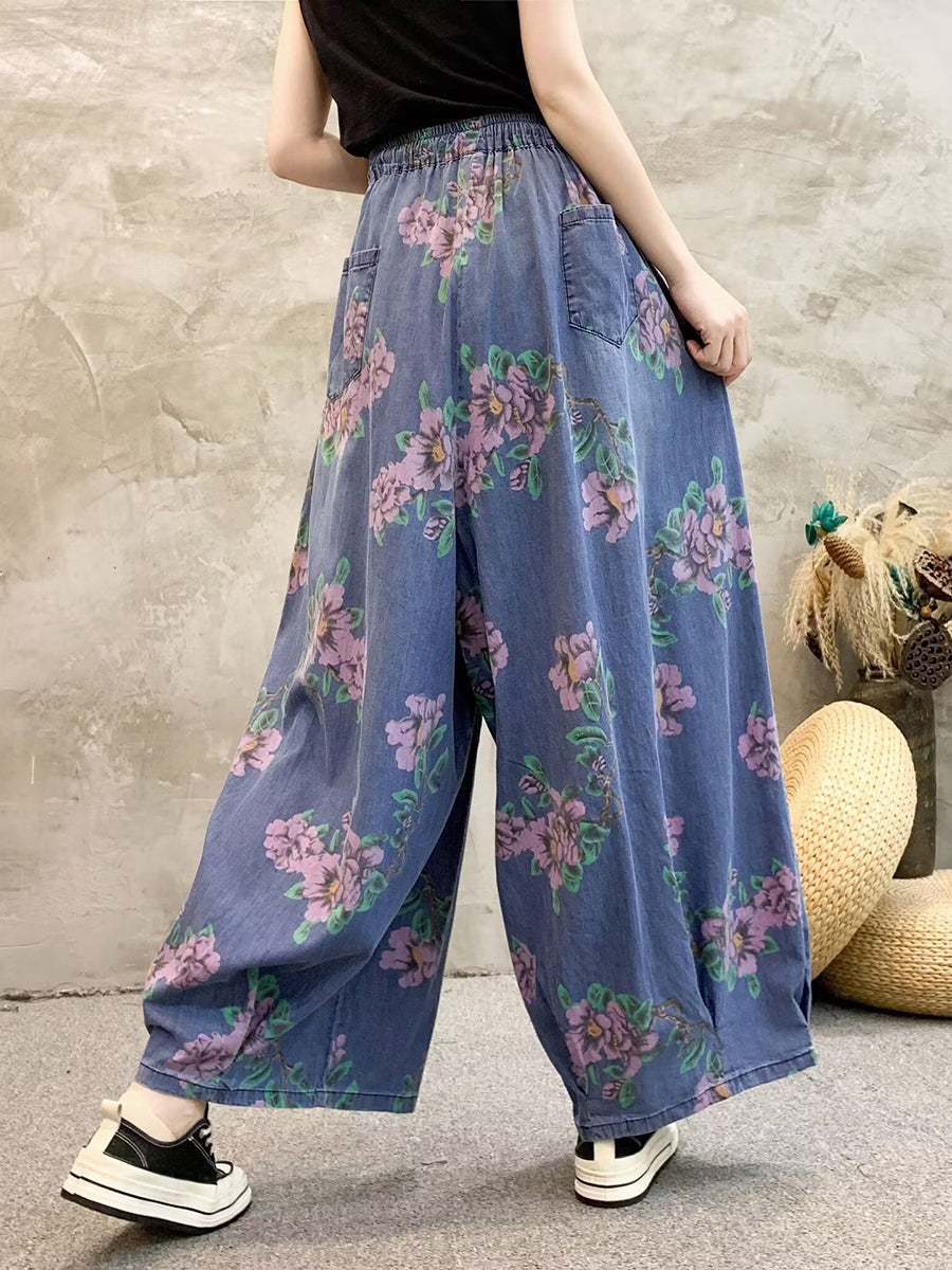 Women Summer Casual Flower Denim Wide-leg Pants QW1013 Ada Fashion