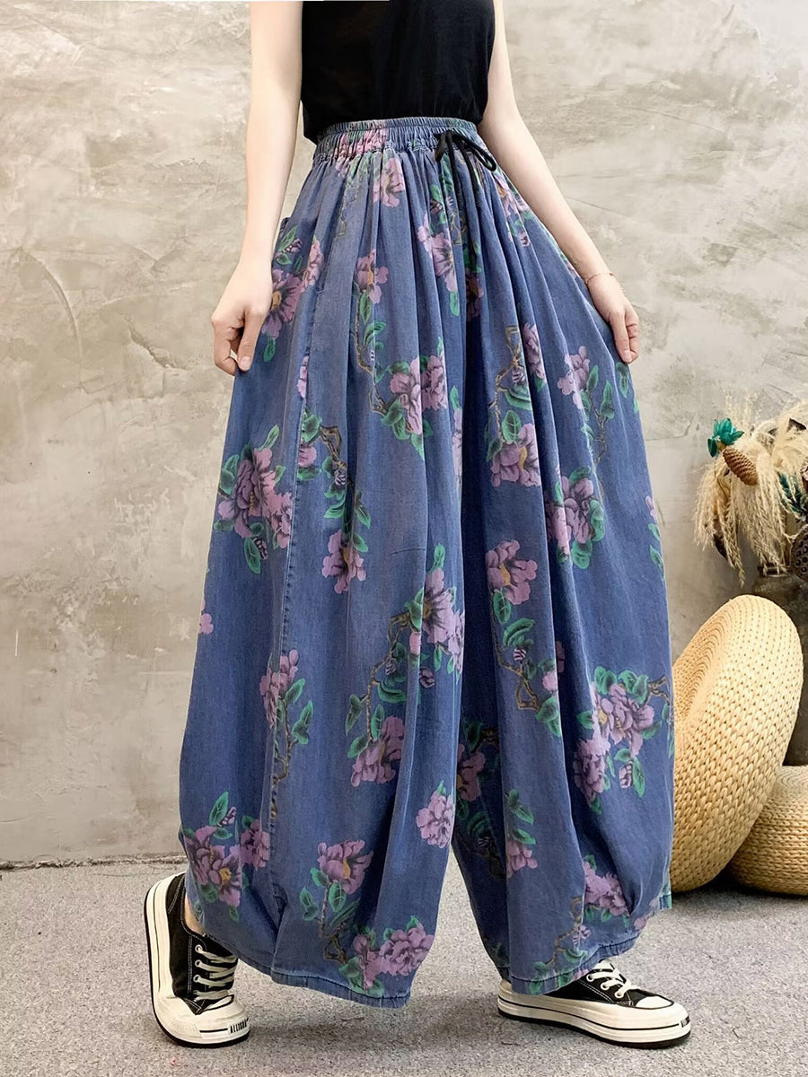 Women Summer Casual Flower Denim Wide-leg Pants QW1013 Ada Fashion