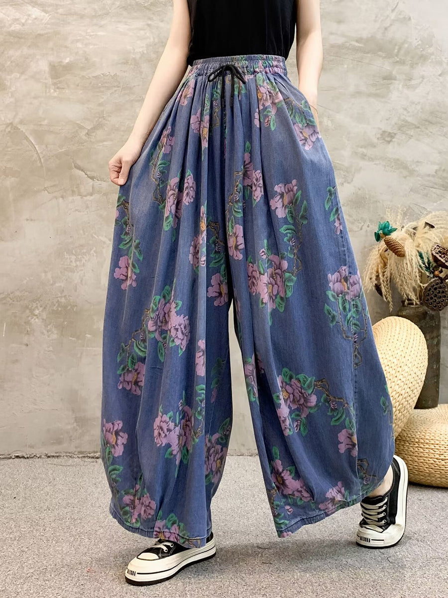 Women Summer Casual Flower Denim Wide-leg Pants QW1013 Ada Fashion