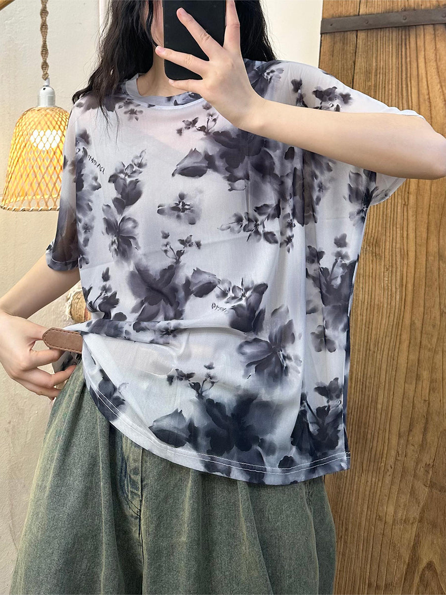 Women Summer Artsy Flower Worn Pullover Shirt QW1017 Ada Fashion