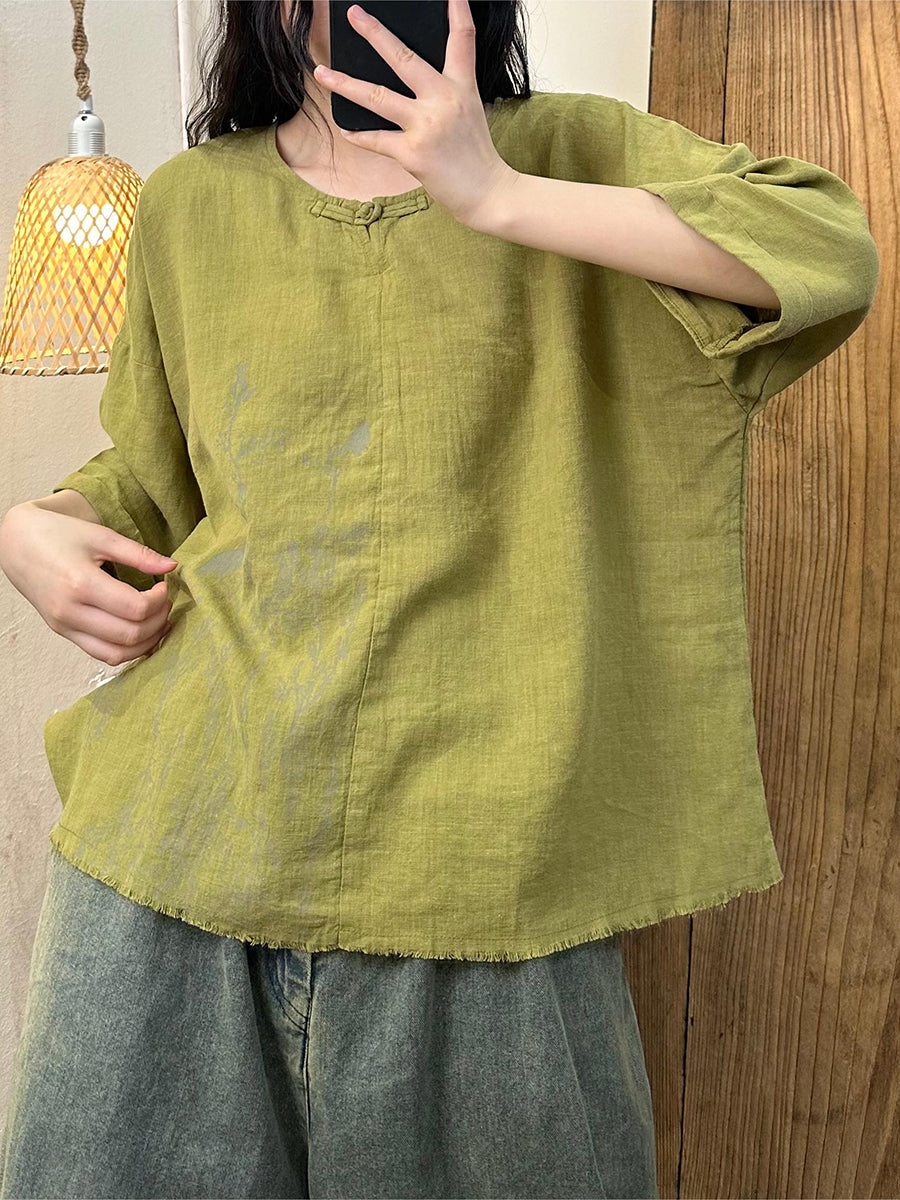 Women Summer Artsy Flower Print Linen Shirt QW1018 Ada Fashion