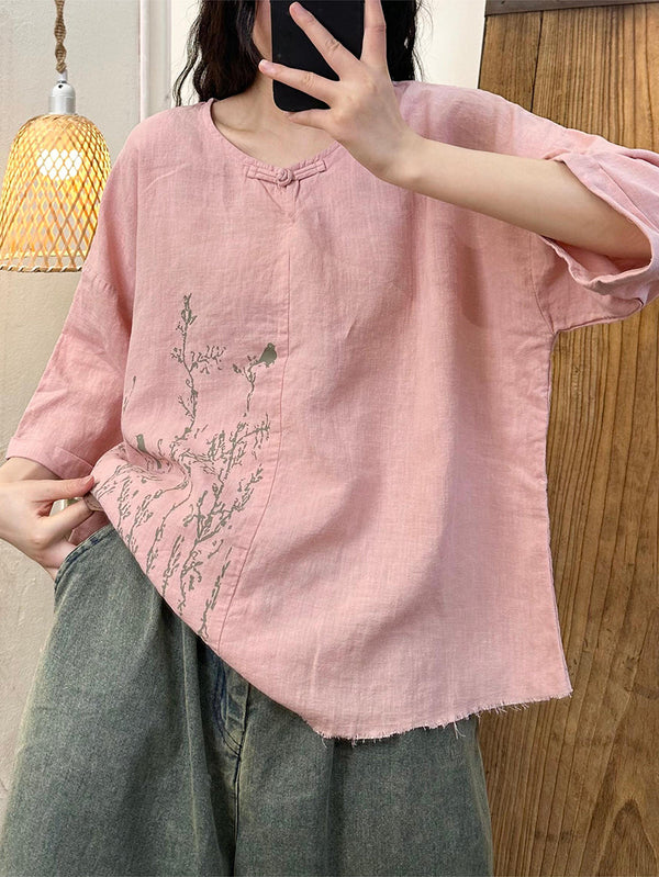 Women Summer Artsy Flower Print Linen Shirt QW1018 Ada Fashion