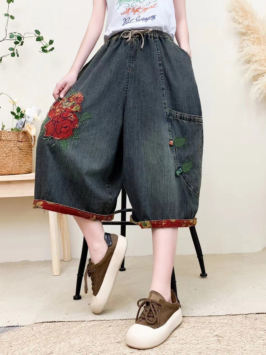 Women Summer Vintage Flower Embroidery Denim Pants QW1024 Ada Fashion