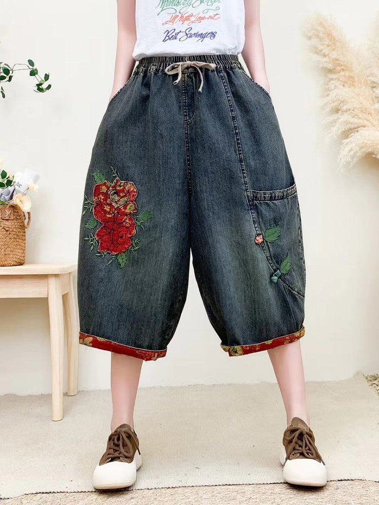 Women Summer Vintage Flower Embroidery Denim Pants QW1024 Ada Fashion