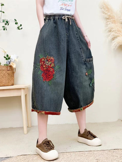 Women Summer Vintage Flower Embroidery Denim Pants QW1024 Ada Fashion