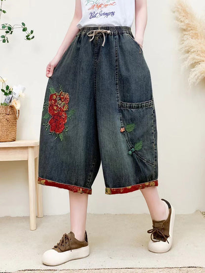 Women Summer Vintage Flower Embroidery Denim Pants QW1024 Ada Fashion