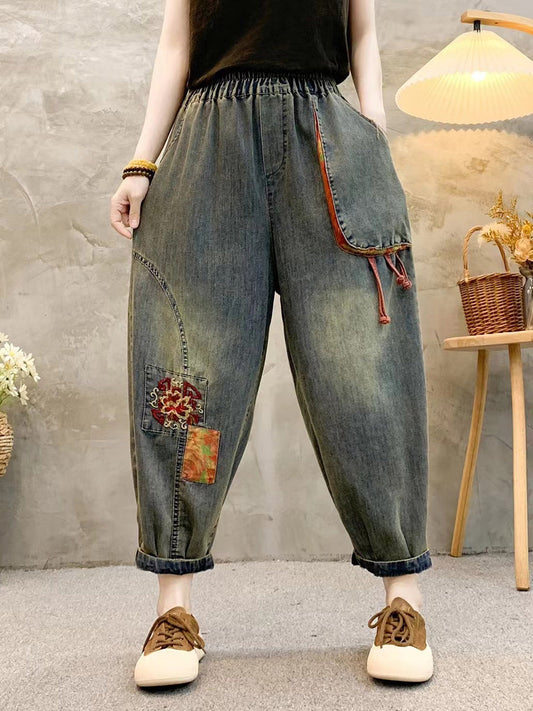 Women Retro Patch Embroidery Denim Harem Pants QW1026 Ada Fashion