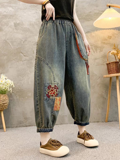 Women Retro Patch Embroidery Denim Harem Pants QW1026 Ada Fashion