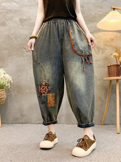 Women Retro Patch Embroidery Denim Harem Pants QW1026 Ada Fashion