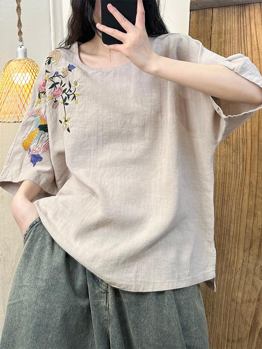 Women Summer Flower Embroidery Cotton Loose Shirt WE1043 Ada Fashion