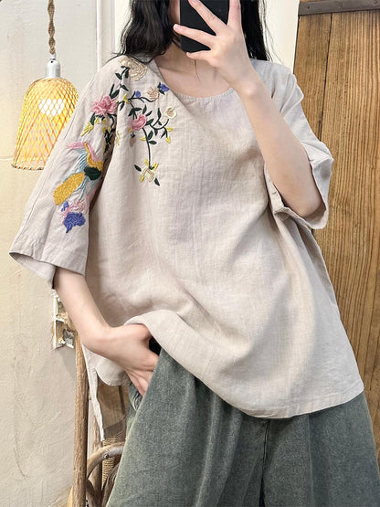 Women Summer Flower Embroidery Cotton Loose Shirt WE1043 Ada Fashion