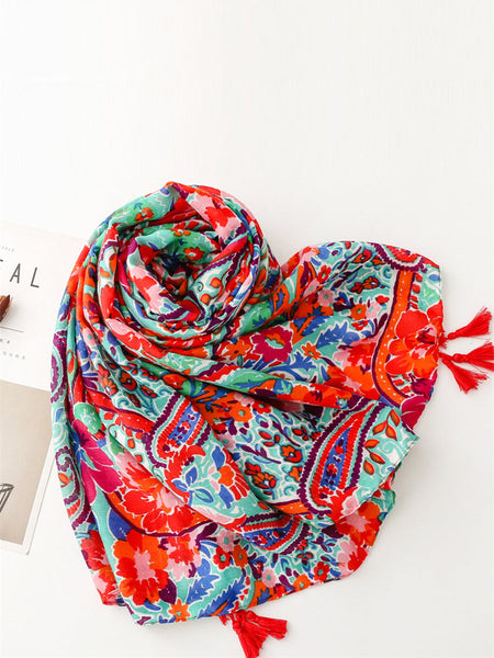 Women Artsy Flower Tassel Travel Shawl Scarf WE1036 Ada Fashion