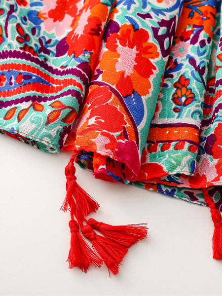 Women Artsy Flower Tassel Travel Shawl Scarf WE1036 Ada Fashion