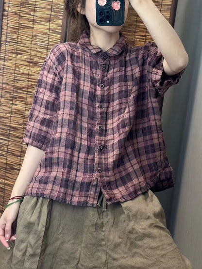 Women Summer Vintage Plaid Linen Button-up Shirt WE1045 Ada Fashion