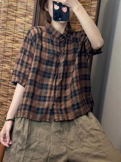 Women Summer Vintage Plaid Linen Button-up Shirt WE1045 Ada Fashion