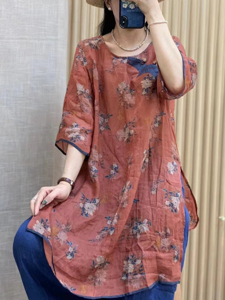 Women Summer Vintage Floral Ramie Spliced O-Neck Shirt WE1010 Ada Fashion