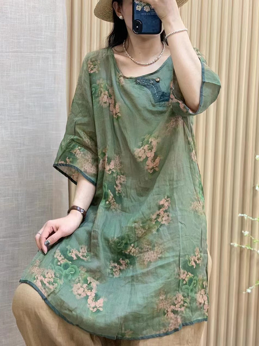 Women Summer Vintage Floral Ramie Spliced O-Neck Shirt WE1010 Ada Fashion