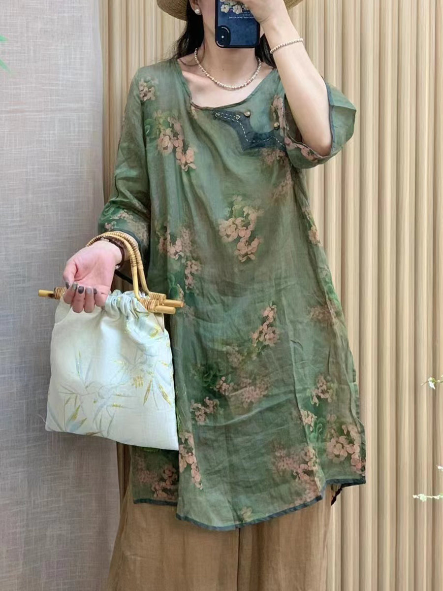 Women Summer Vintage Floral Ramie Spliced O-Neck Shirt WE1010 Ada Fashion