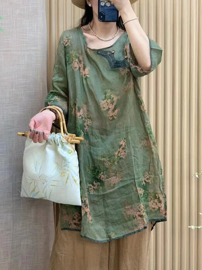 Women Summer Vintage Floral Ramie Spliced O-Neck Shirt WE1010 Ada Fashion