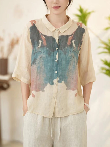 Women Summer Artsy Pink Ramie Button-up Shirt WE1011 Ada Fashion