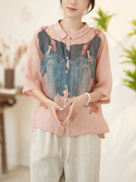 Women Summer Artsy Pink Ramie Button-up Shirt WE1011 Ada Fashion