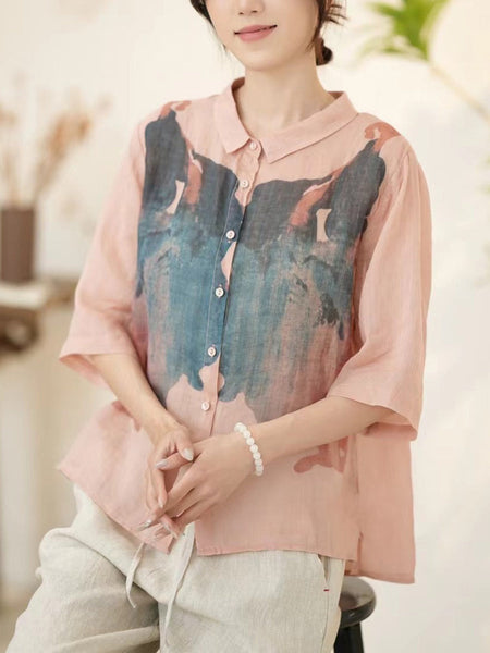 Women Summer Artsy Pink Ramie Button-up Shirt WE1011 Ada Fashion