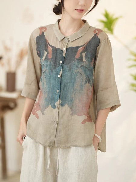 Women Summer Artsy Pink Ramie Button-up Shirt WE1011 Ada Fashion