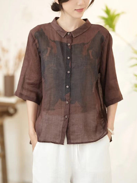 Women Summer Artsy Pink Ramie Button-up Shirt WE1011 Ada Fashion