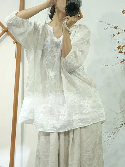 Women Summer Artsy Floral Embroidery Linen Shirt WE1013 Ada Fashion