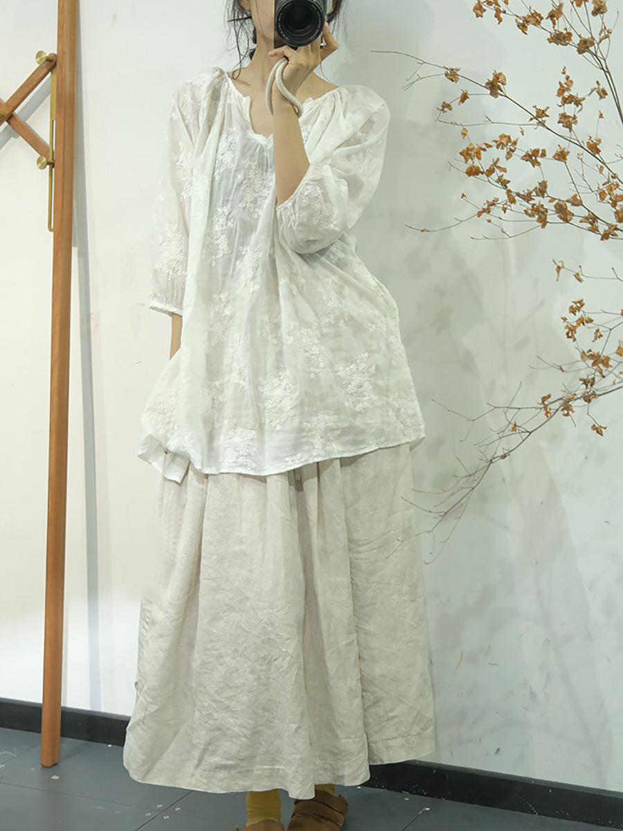 Women Summer Artsy Floral Embroidery Linen Shirt WE1013 Ada Fashion