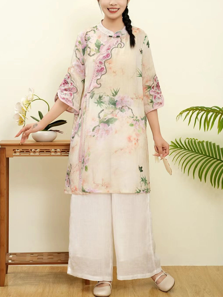 Women Summer Floral Ethnic Embroidery Ramie Shirt WE1015 Ada Fashion