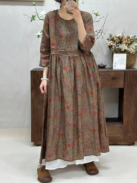 Women Summer Retro Spliced Flower Ramie Dress WE1016 Ada Fashion