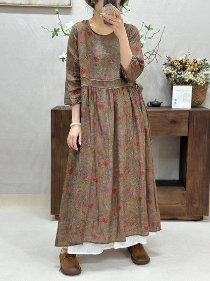 Women Summer Retro Spliced Flower Ramie Dress WE1016 Ada Fashion