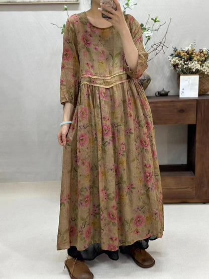 Women Summer Retro Spliced Flower Ramie Dress WE1016 Ada Fashion