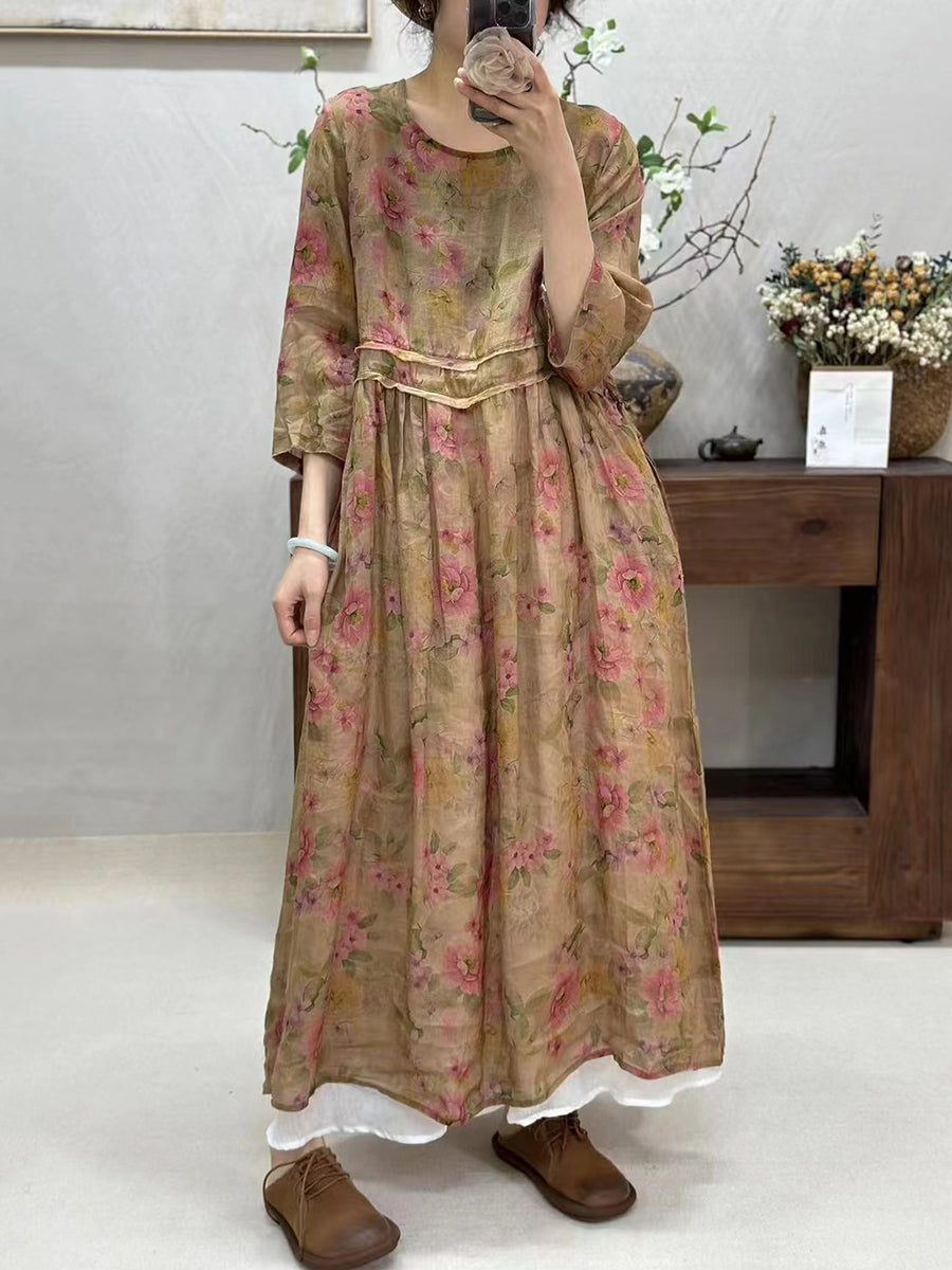 Women Summer Retro Spliced Flower Ramie Dress WE1016 Ada Fashion