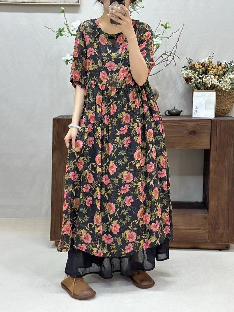 Women Summer Artsy Flower Spliced O-Neck Ramie Dress WE1017 Ada Fashion