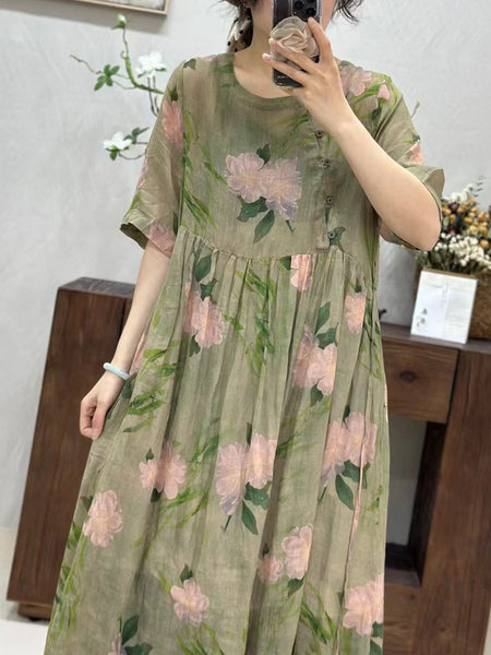 Women Summer Artsy Flower Spliced O-Neck Ramie Dress WE1017 Ada Fashion