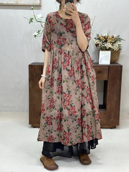 Women Summer Artsy Flower Spliced O-Neck Ramie Dress WE1017 Ada Fashion