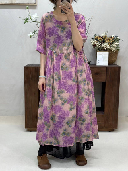 Women Summer Artsy Flower Spliced O-Neck Ramie Dress WE1017 Ada Fashion