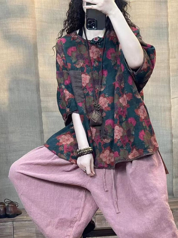 Women Summer Vintage Flower Print Linen Shirt WE1018 Ada Fashion