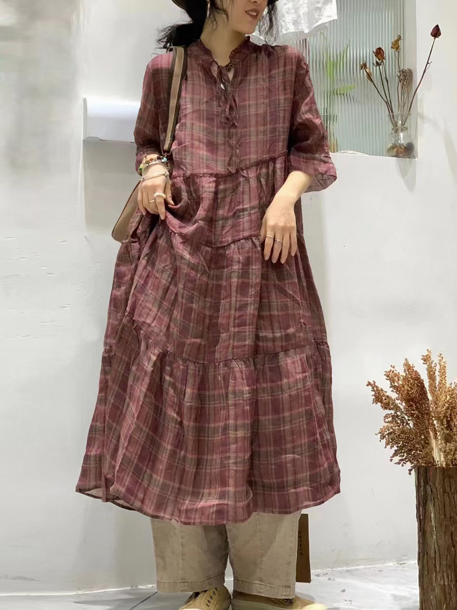 Women Summer Vintage Plaid Spliced Strap Ramie Dress WE1023 Ada Fashion